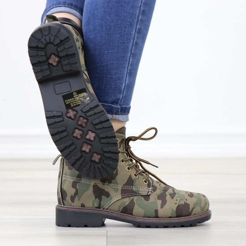 Women's Camouflage Combat Lace-up Ankle Boots Low Heel Casual Short Booties - Picture 6 of 15